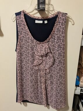 New York & Company Pink Patterned Ruffle Front Sleeveless Shell with Navy Back
